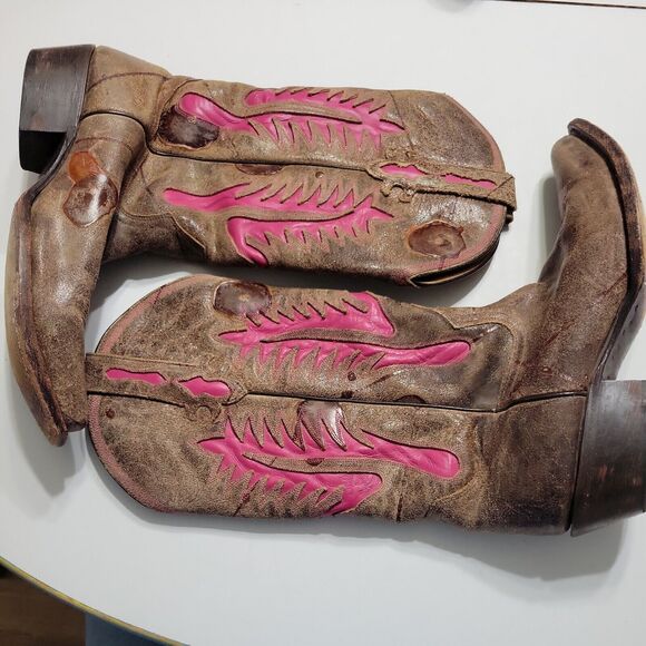 Johnny Ringo Women 8 1/2 B Riding Boot Brown Pink Point Toe Mid Calf Leather - Picture 1 of 15